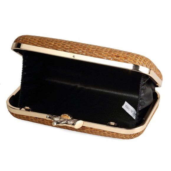 Natural Woven Box Clutch with Gold Chain Elegant Evening Bag with - Picture 4 of 10